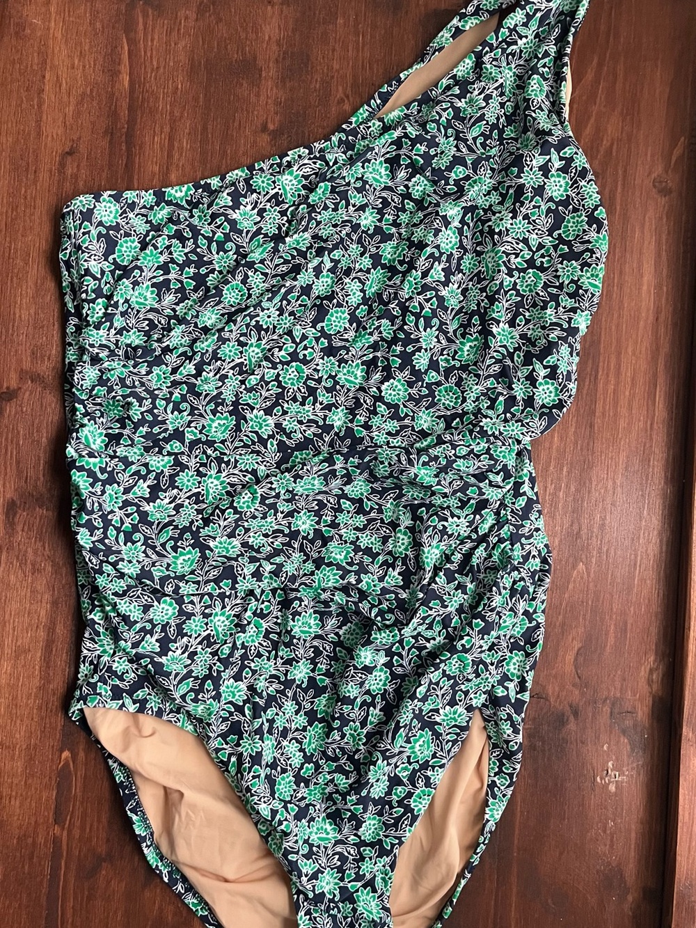 J. Crew Navy One-Shoulder Floral One-Piece Swimsuit with Green and White